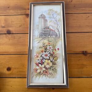 Vintage Framed Still Life Print Autumn Floral Silo Pumpkins Farm Wagon 7"x16"